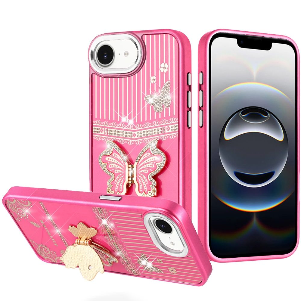Splendid Glitter Butterfly Design Stand with Metallic Edges Hybrid Case For iPhone 17E / 16E / SE4  - Hot Pink