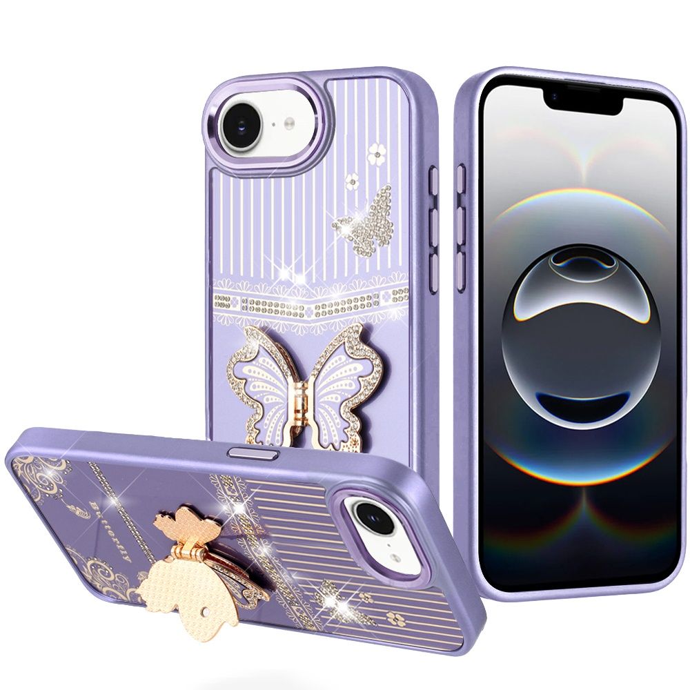 Splendid Glitter Butterfly Design Stand with Metallic Edges Hybrid Case For iPhone 17E / 16E / SE4  - Dark Purple