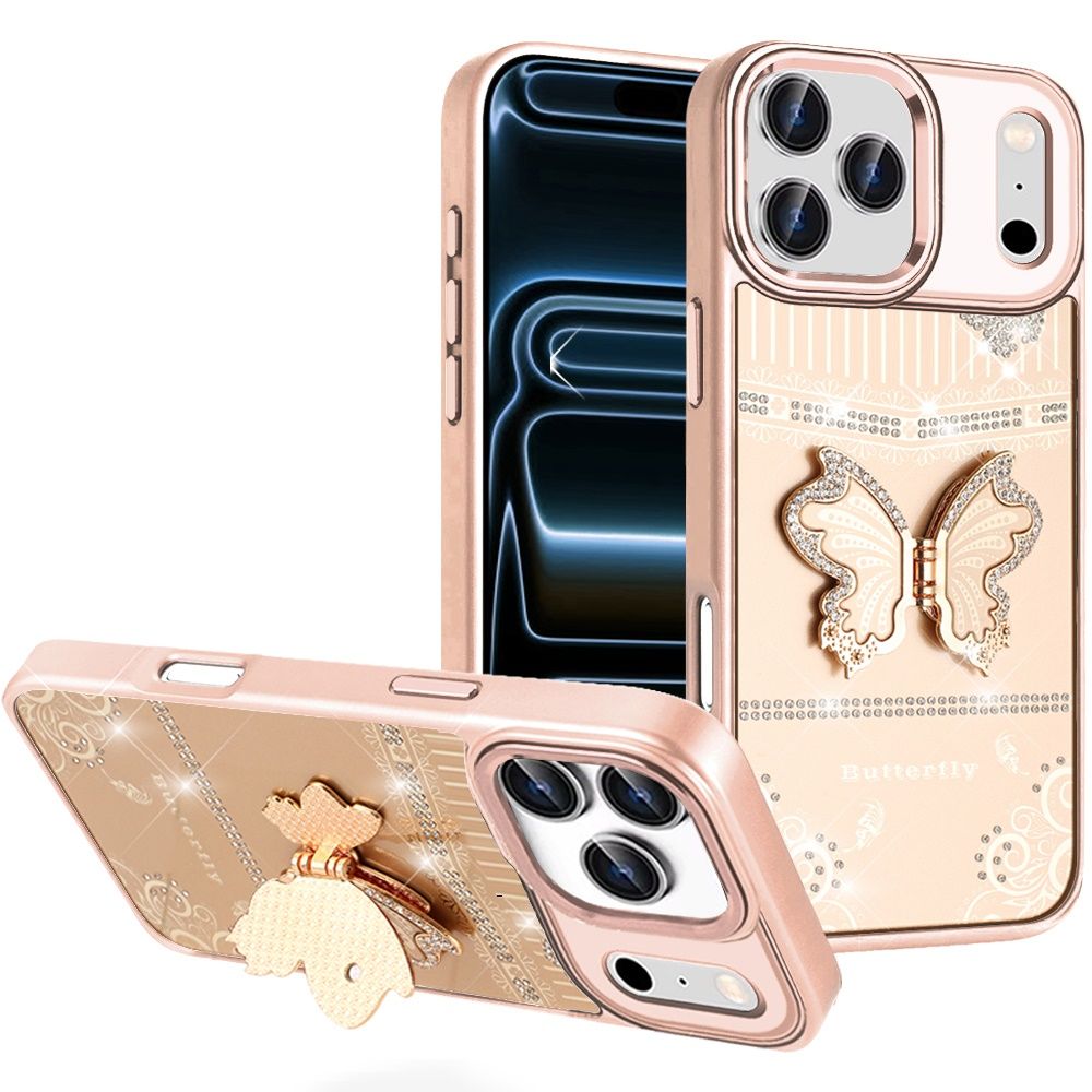Splendid Glitter Butterfly Design Stand with Metallic Edges Hybrid Case For Apple iPhone 18 Pro Max - Gold