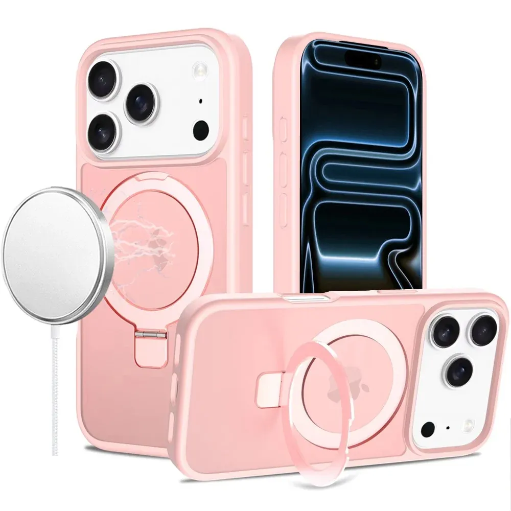 Magnetic Matching Ring Stand Full Rotation Matte Hybrid For Apple iPhone 18 Pro Max - Light Pink