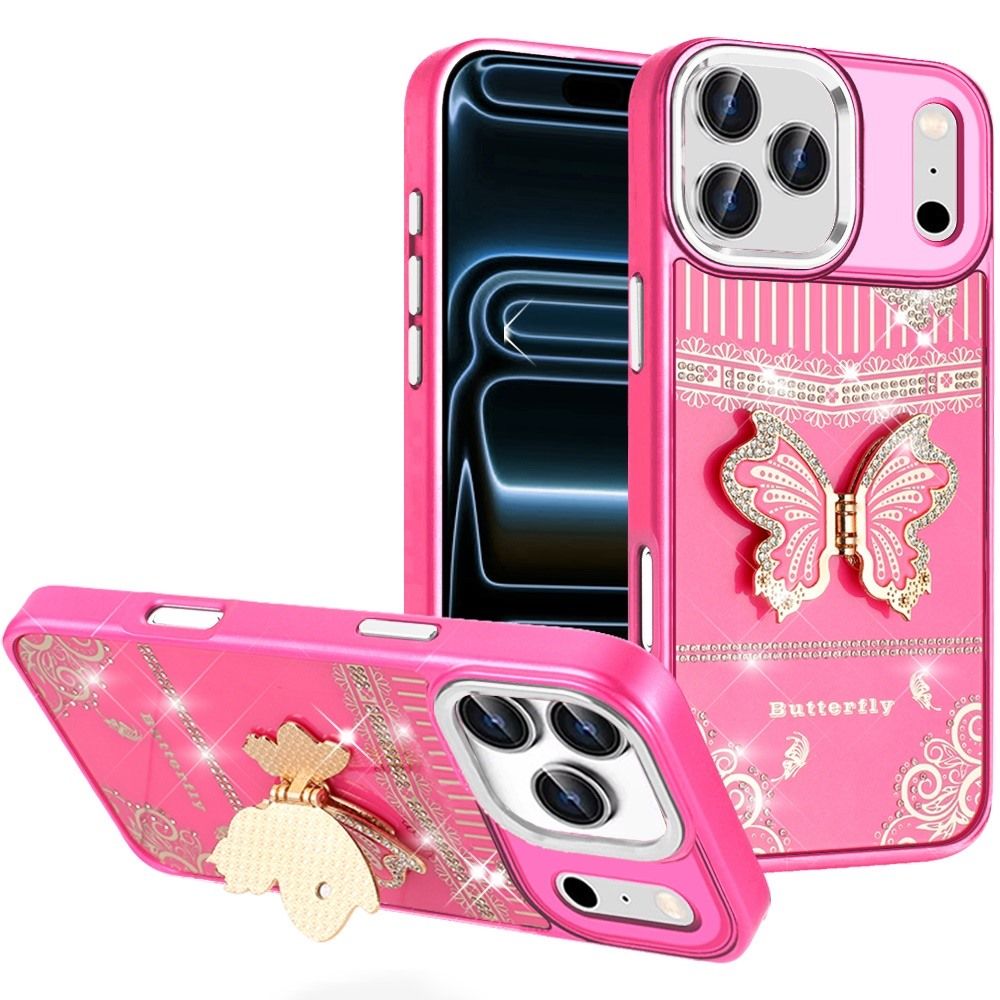 Splendid Glitter Butterfly Design Stand with Metallic Edges Hybrid Case For Apple iPhone 18 Pro Max - Hot Pink
