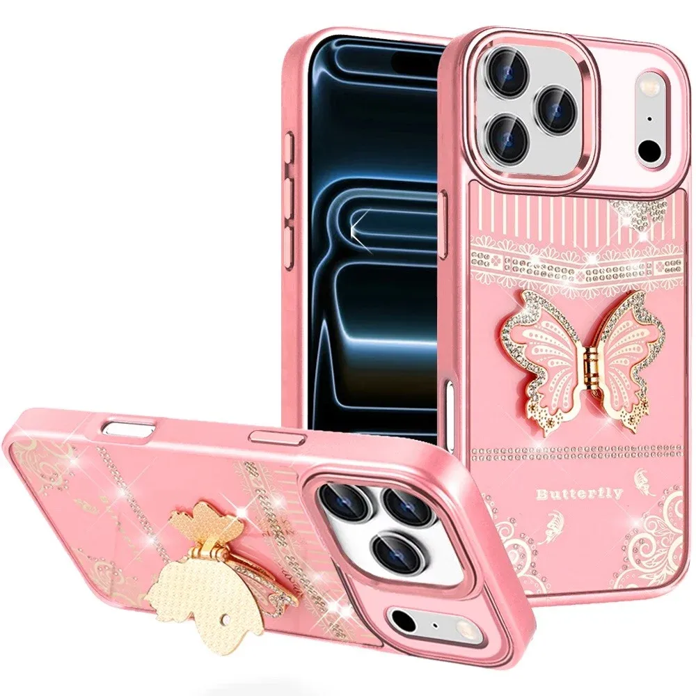 Splendid Glitter Butterfly Design Stand with Metallic Edges Hybrid Case For Apple iPhone 18 Pro Max - Light Pink