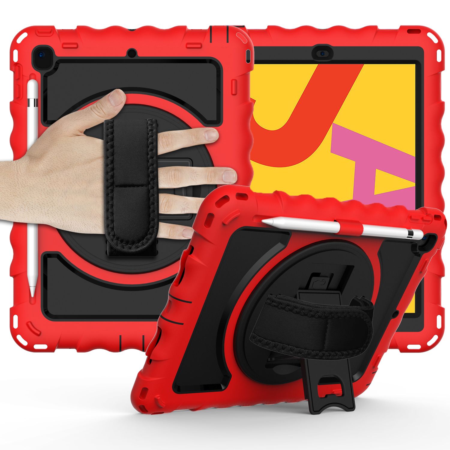 Tablet Complete 360 Tough Hybrid Kickstand with Shoulder Hand Strap For Apple iPad 9.7 inch- Red