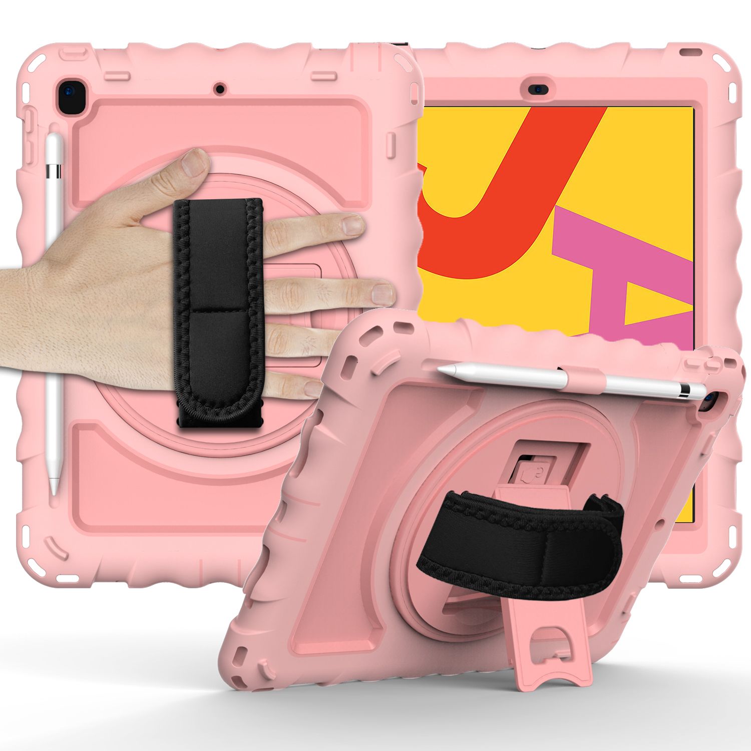 Tablet Complete 360 Tough Hybrid Kickstand with Shoulder Hand Strap For Apple iPad 9.7 inch- Rose Gold