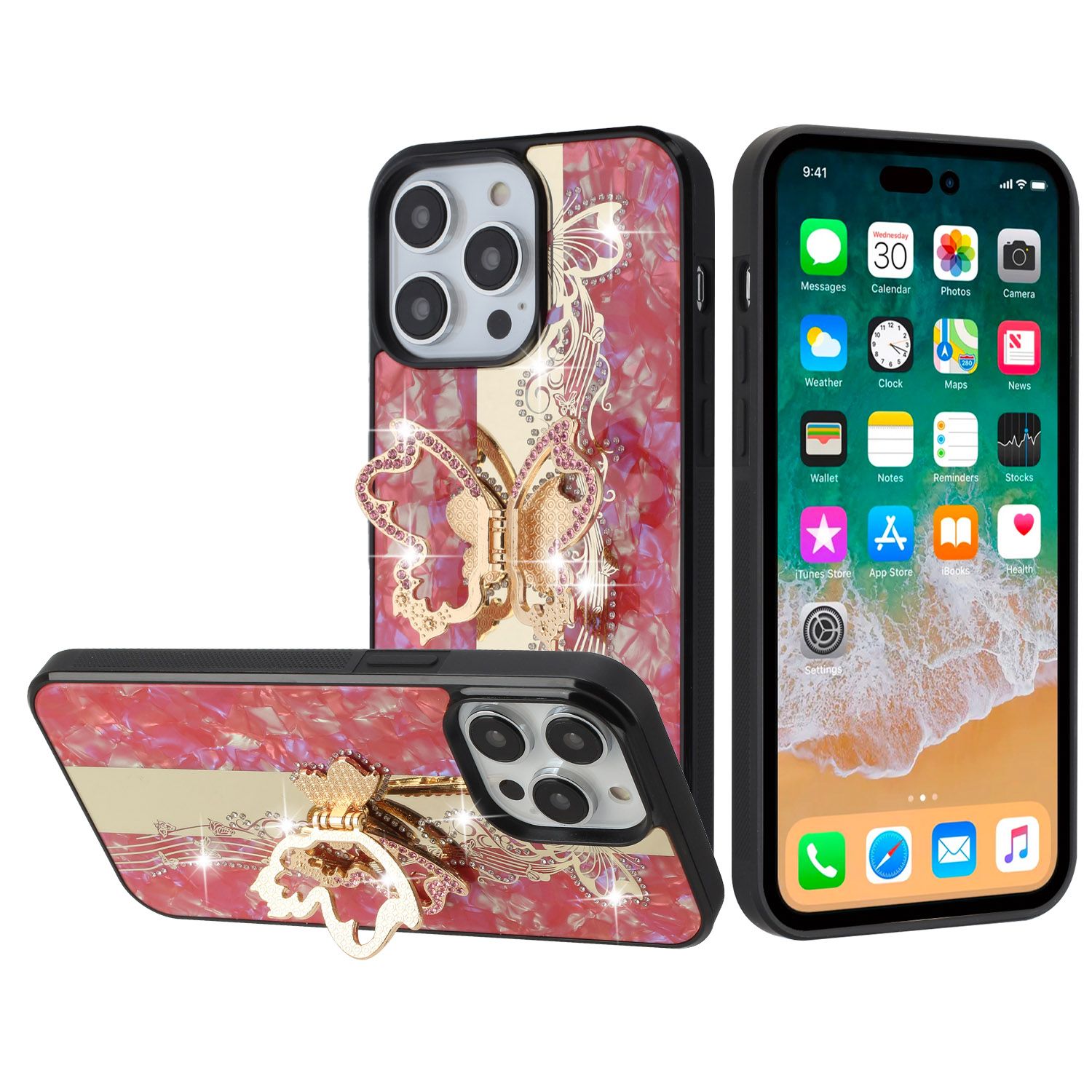 SPLENDID Diamond Glitter Ornaments Engraving Case Cover For iPhone 11 (XI6.1) - Enchanted Butterfly Red