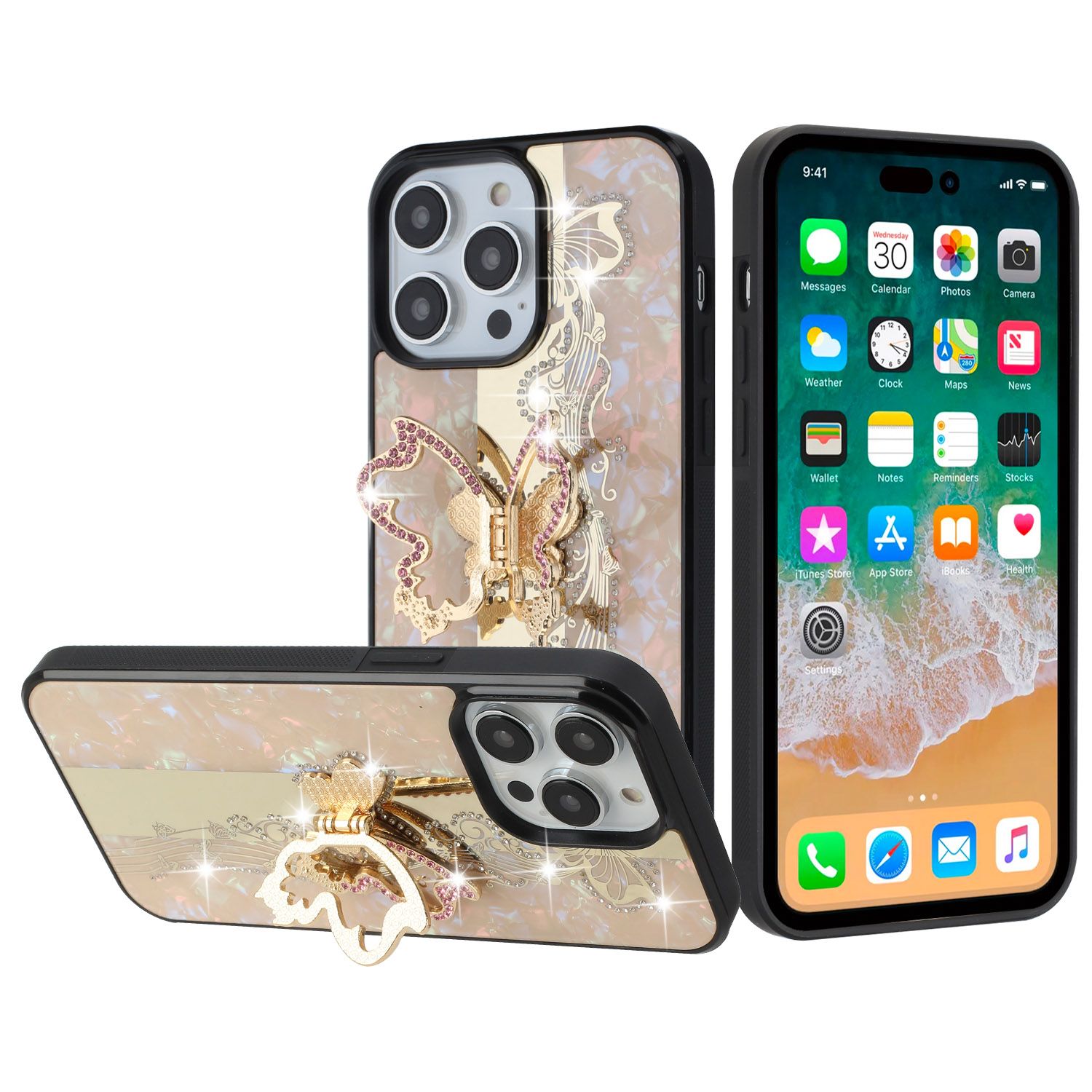 SPLENDID Diamond Glitter Ornaments Engraving Case Cover For iPhone 11 (XI6.1) - Enchanted Butterfly Dark Gold