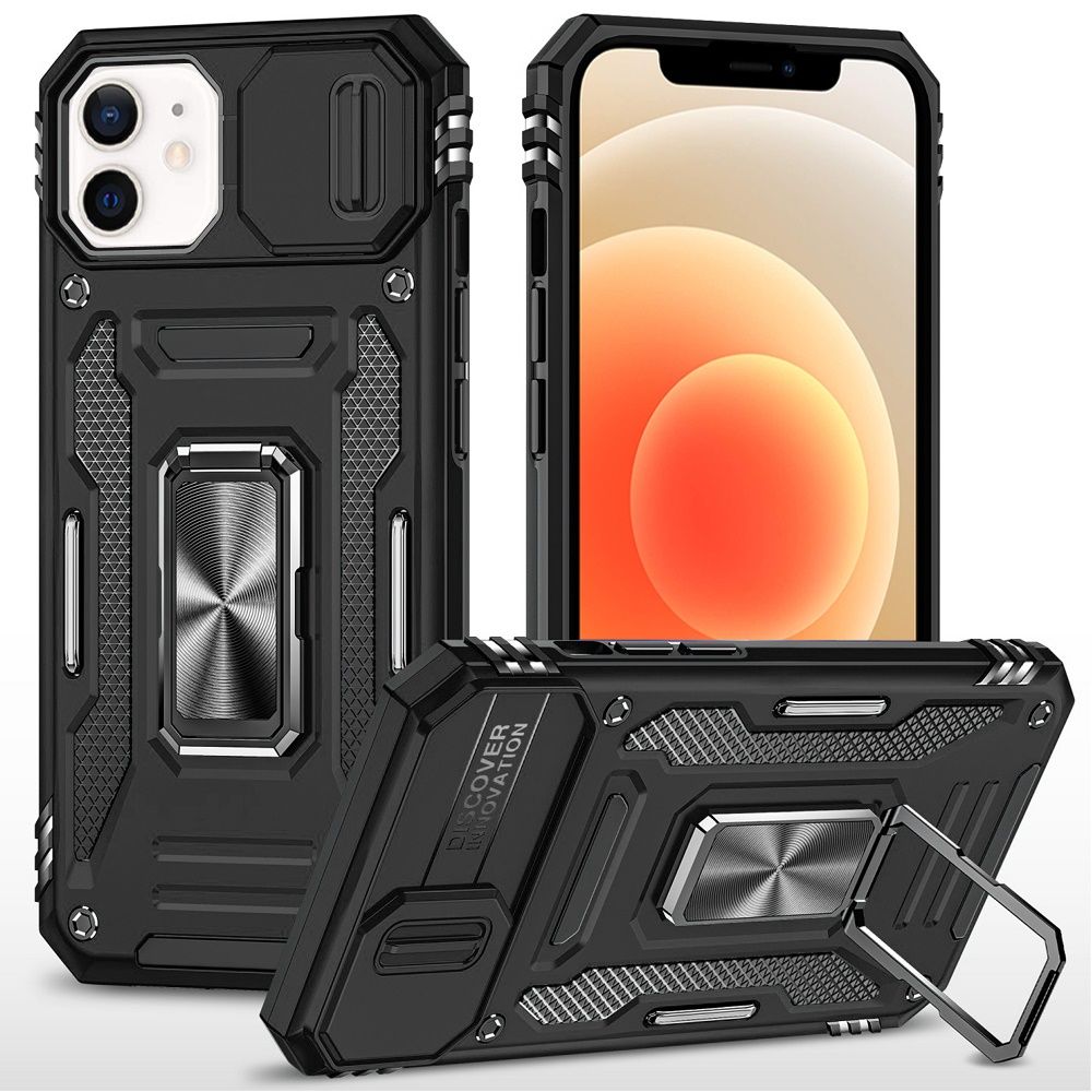 Utter Tough Metal Ring Movable Camera Window Hybrid For iPhone 12 &amp; iPhone 12 Pro - Black