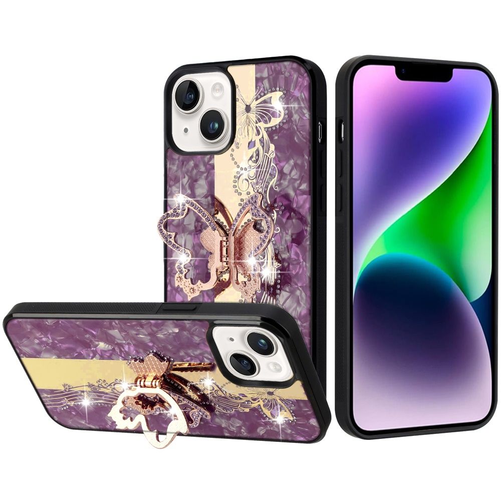 SPLENDID Diamond Glitter Ornaments Engraving Case Cover For iPhone 14/13- Enchanted Butterfly Dark Cherry
