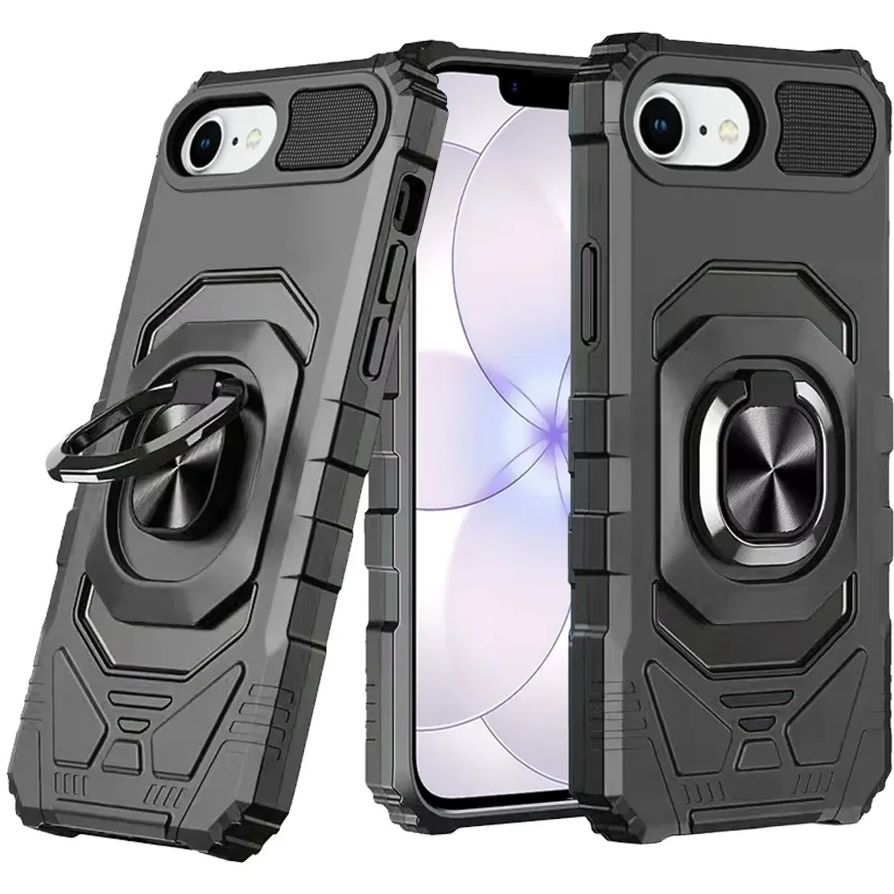 Robotic Hybrid with Magnetic Ring Stand Case Cover For iPhone 17E / 16E / SE4- Black