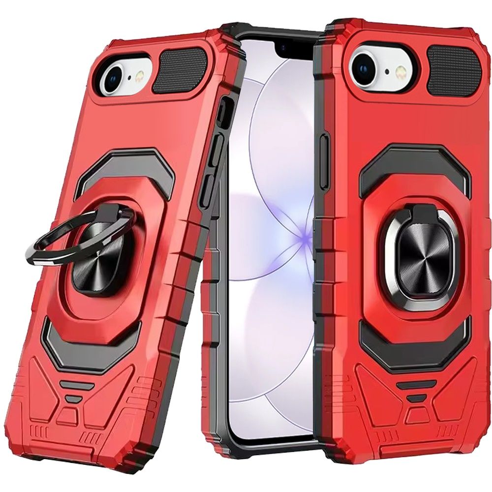 Robotic Hybrid with Magnetic Ring Stand Case Cover For iPhone 17E / 16E / SE4 - Red
