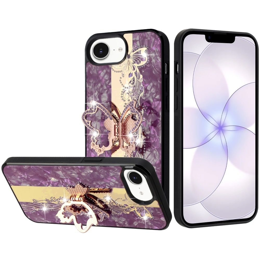 SPLENDID Diamond Glitter Ornaments Engraving Case Cover For iPhone 17E / 16E / SE4  - Enchanted Butterfly Dark Cherry