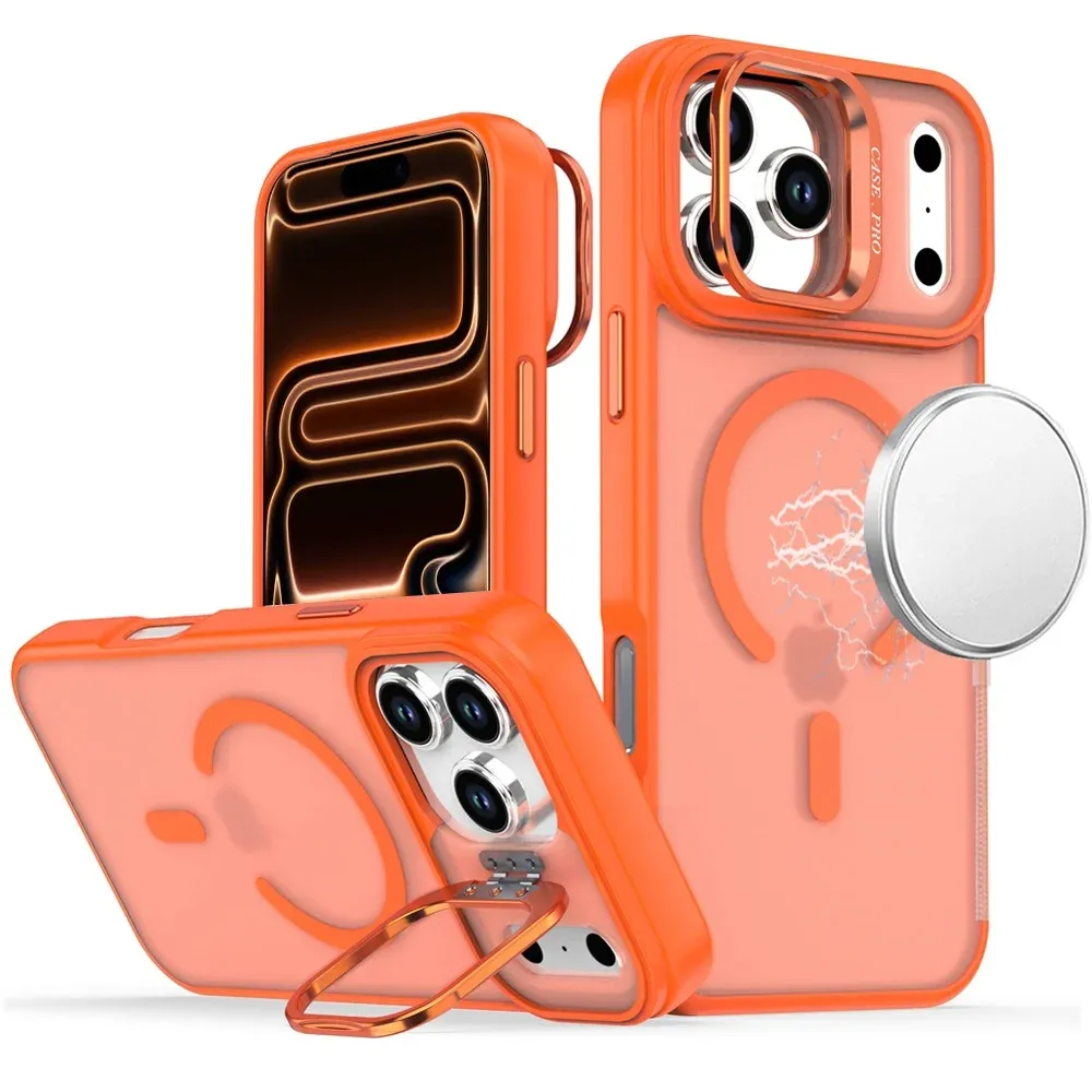 Magnetic Matte Camera Metallic Stand Hybrid Case For Apple iPhone 18 Pro - Cosmic Orange