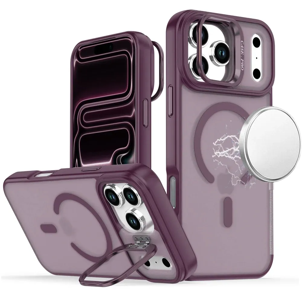 Magnetic Matte Camera Metallic Stand Hybrid Case For Apple iPhone 18 Pro - Dark Cherry