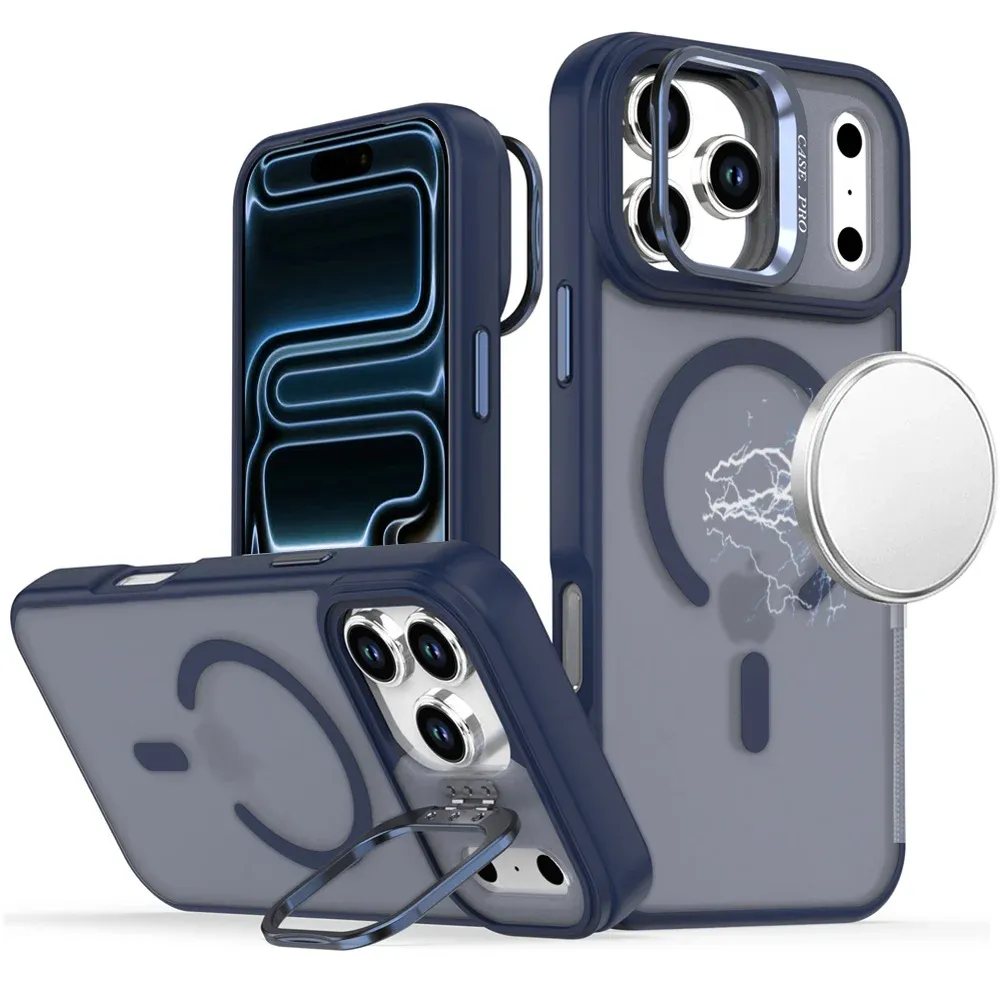 Magnetic Matte Camera Metallic Stand Hybrid Case For Apple iPhone 18 Pro - Blue
