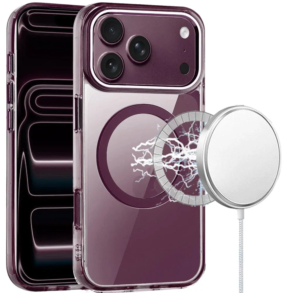 Magnetic Circle Ring Transparent Premium Acrylic with Metal Buttons &amp; Camera Raised Lip For Apple iPhone 18 Pro - Dark Cherry