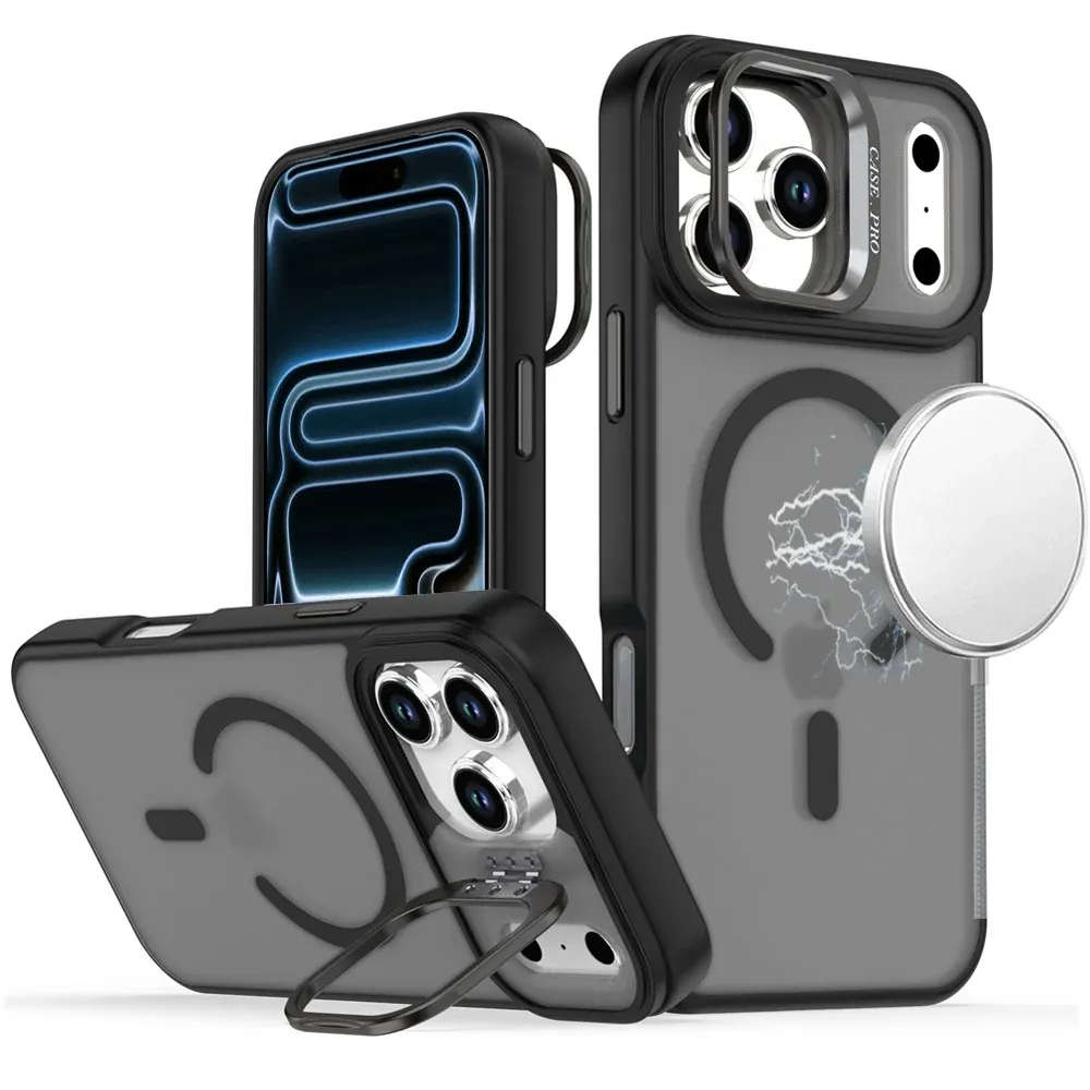 Magnetic Matte Camera Metallic Stand Hybrid Case For Apple iPhone 18 Pro - Black