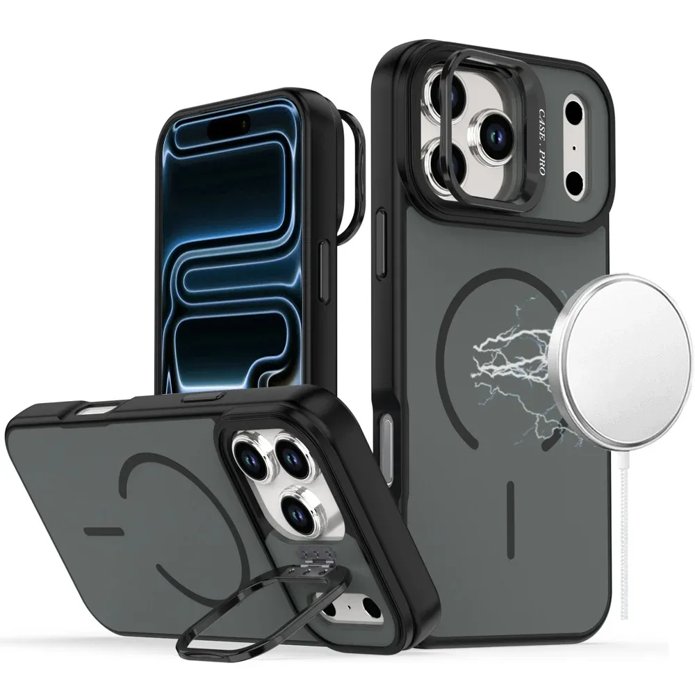 Premium Matte Magnetic Metal Camera Stand Hybrid Case For Apple iPhone 18 Pro - Black