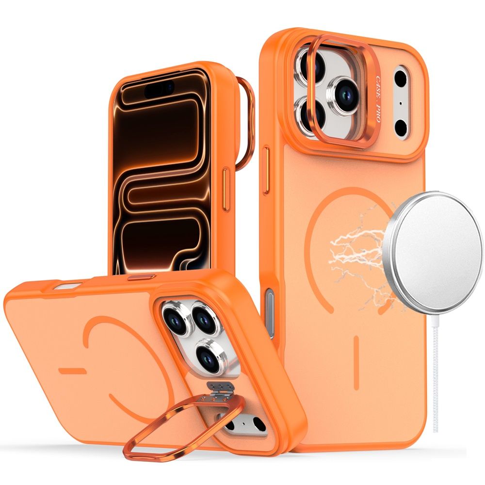 Premium Matte Magnetic Metal Camera Stand Hybrid Case For Apple iPhone 18 Pro - Cosmic Orange