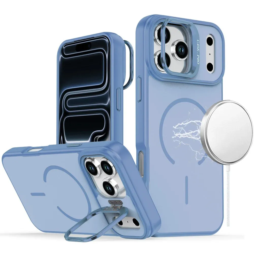 Premium Matte Magnetic Metal Camera Stand Hybrid Case For Apple iPhone 18 Pro - Light Blue