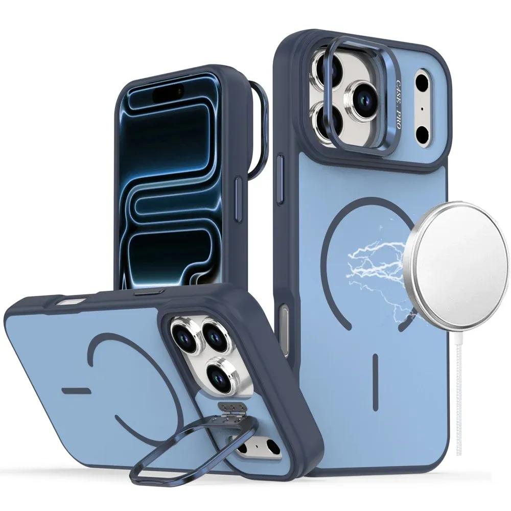 Premium Matte Magnetic Metal Camera Stand Hybrid Case For Apple iPhone 18 Pro - Navy Blue