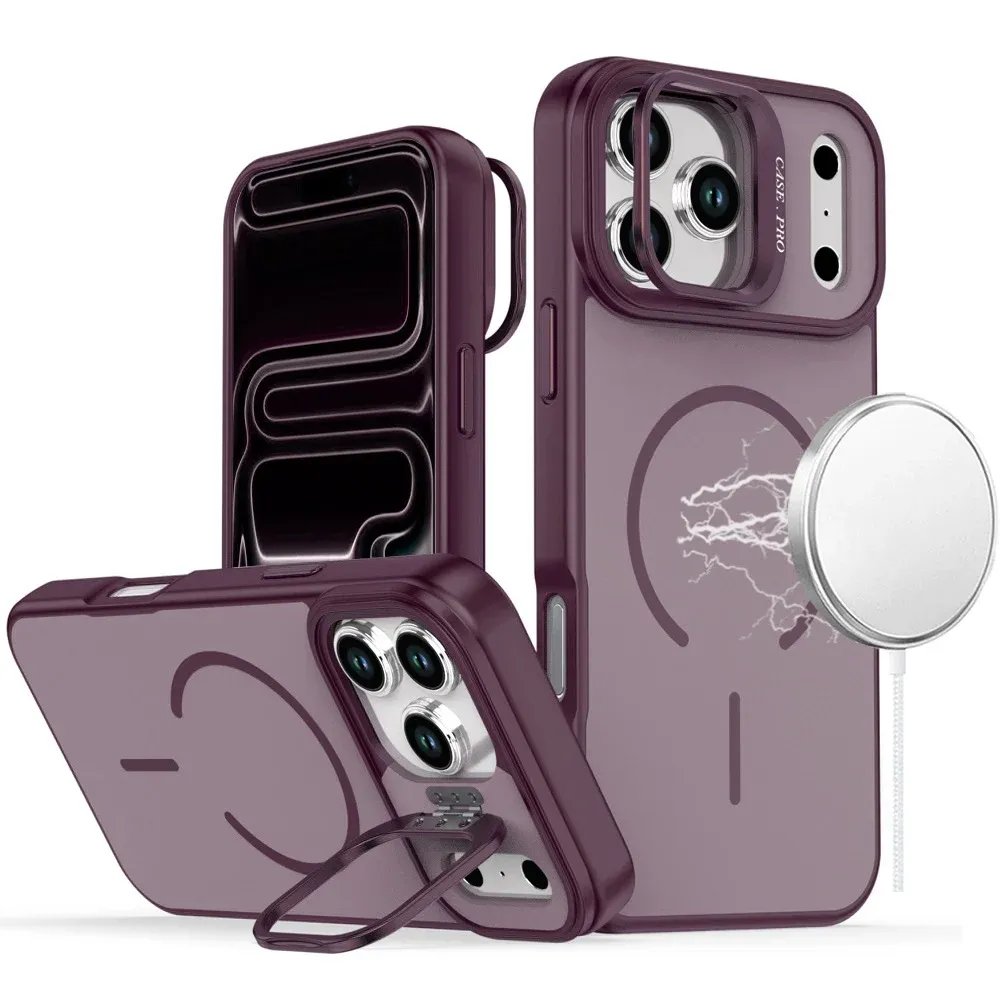 Premium Matte Magnetic Metal Camera Stand Hybrid Case For Apple iPhone 18 Pro - Dark Cherry