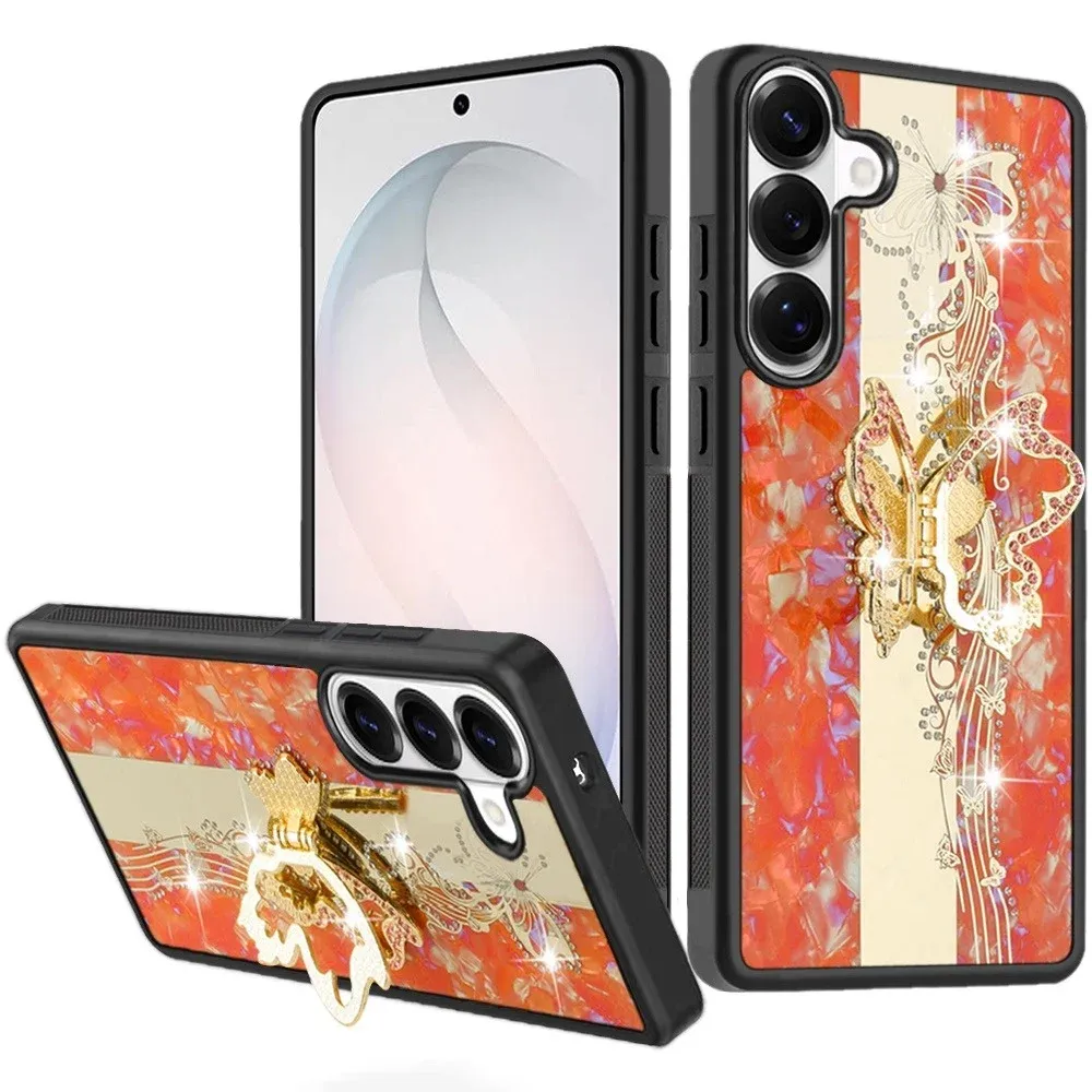 SPLENDID Diamond Glitter Ornaments Engraving Case Cover For Samsung Galaxy s26 FE- Enchanted Butterfly Cosmic Orange