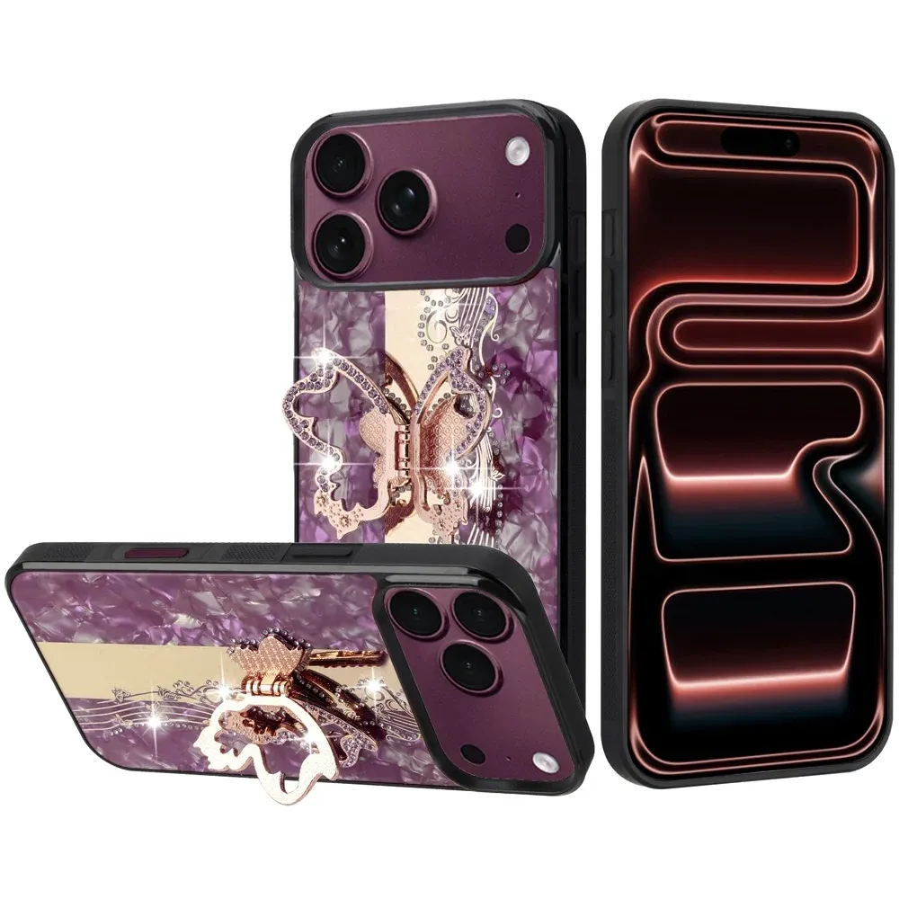 SPLENDID Diamond Glitter Ornaments Engraving Case Cover For Apple iPhone 18 Pro  - Enchanted Butterfly Dark Cherry