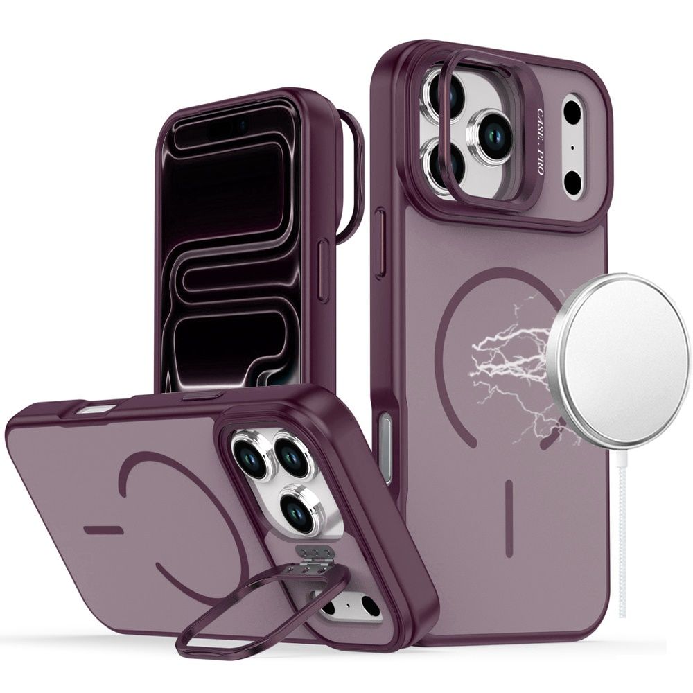Premium Matte Magnetic Metal Camera Stand Hybrid Case For Apple iPhone 18 Pro Max- Dark Cherry