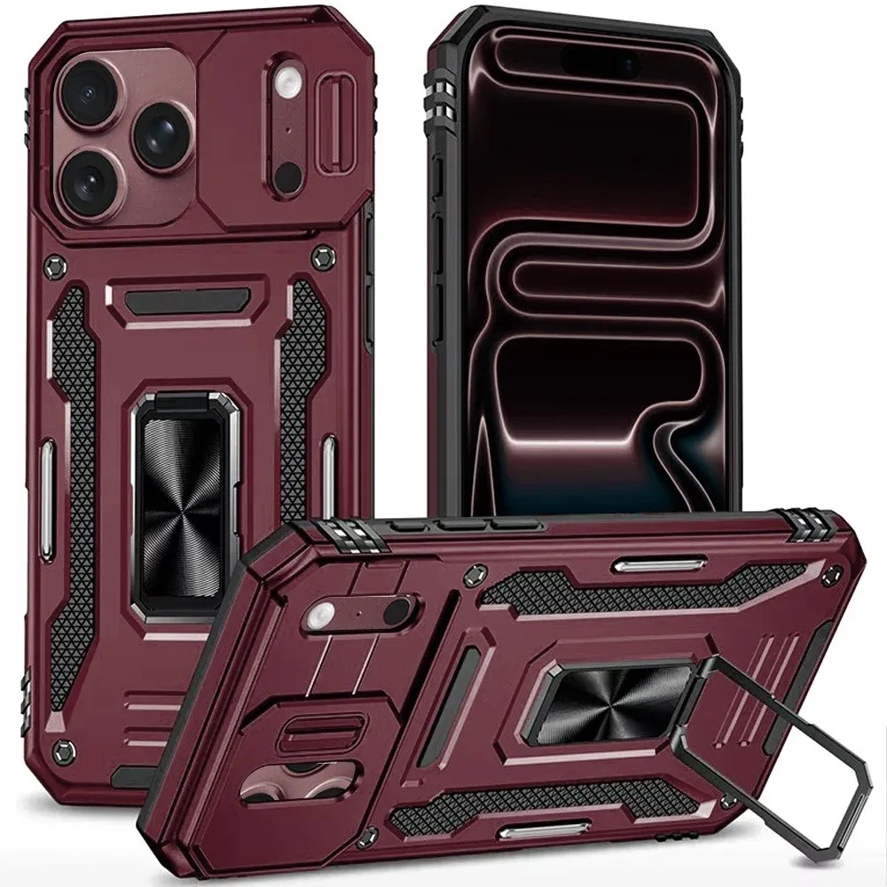 Utter Tough Metal Ring Movable Camera Window Hybrid Case Cover For Apple iPhone 18 Pro  - Dark Cherry