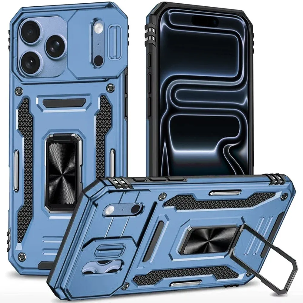 Utter Tough Metal Ring Movable Camera Window Hybrid Case Cover For Apple iPhone 18 Pro  - Light Blue