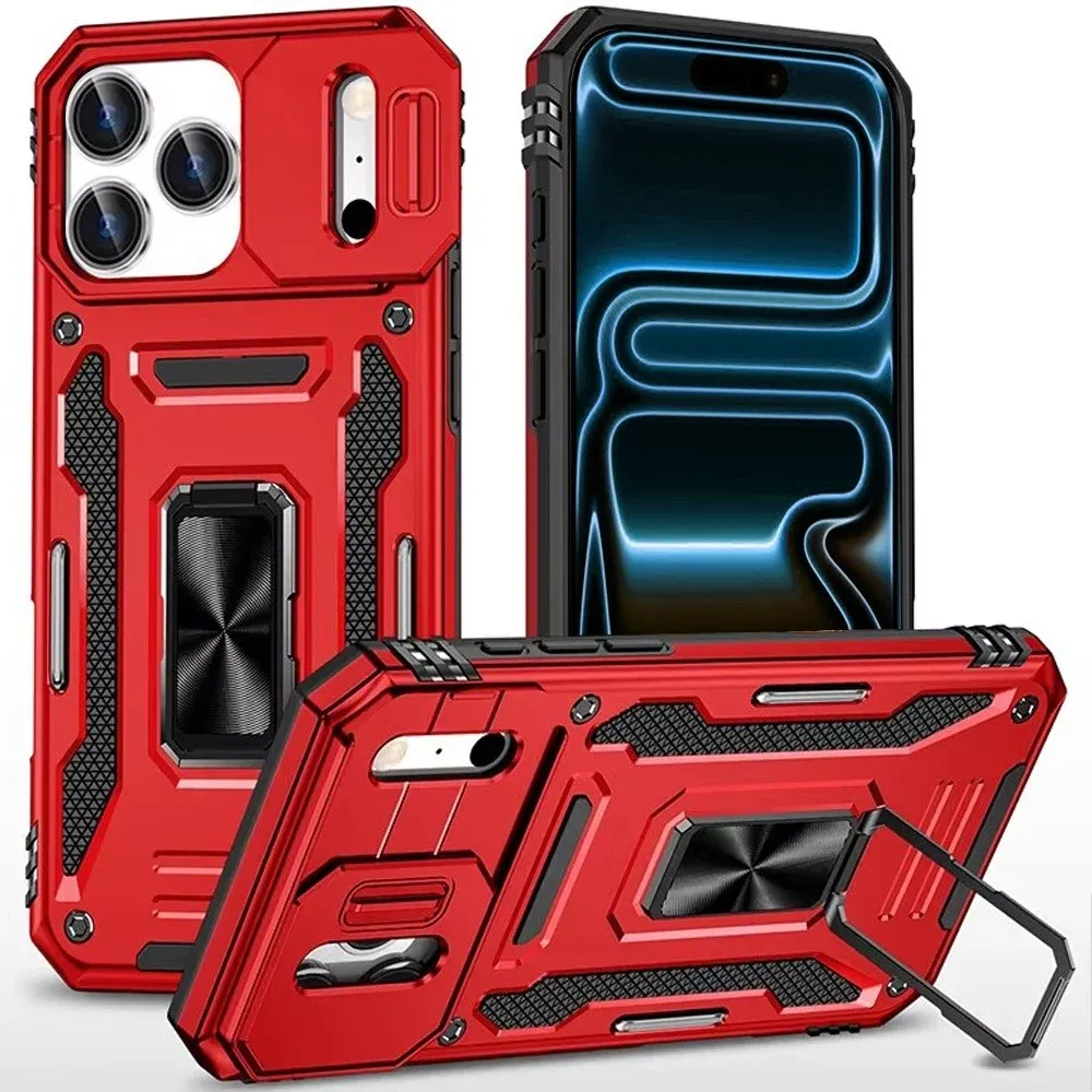 Utter Tough Metal Ring Movable Camera Window Hybrid Case Cover For Apple iPhone 18 Pro  - Red