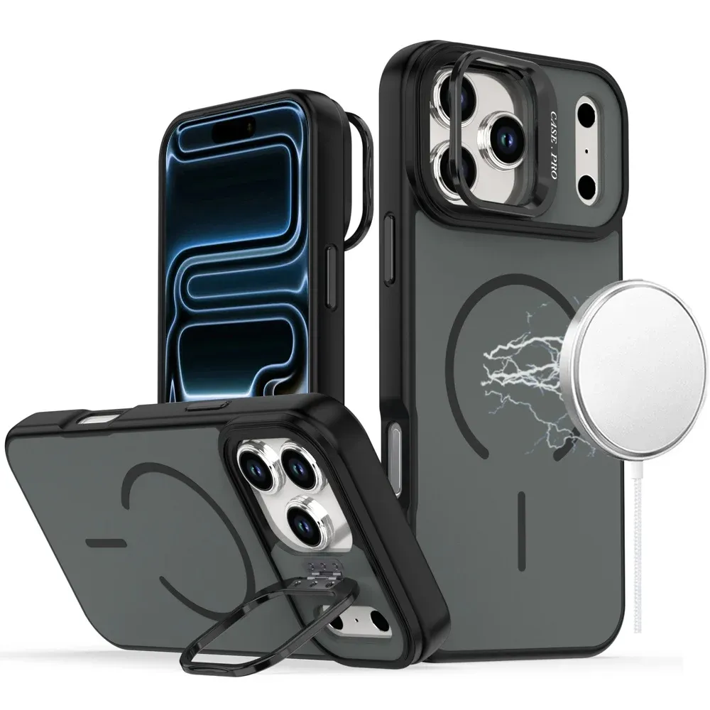 Premium Matte Magnetic Metal Camera Stand Hybrid Case For Apple iPhone 18 Pro Max- Black