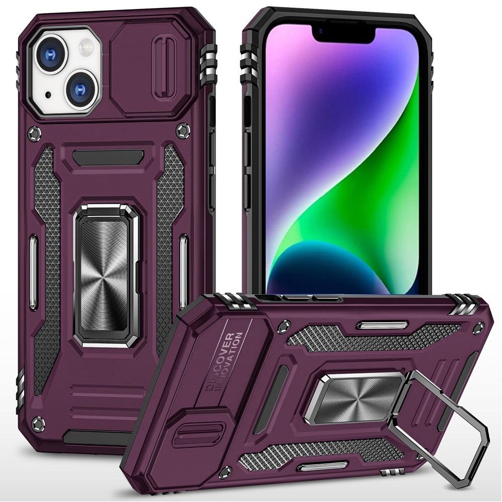Tough Metal Ring Movable Camera Window Hybrid Case Cover iPhone 14/13 Utter - Dark Cherry