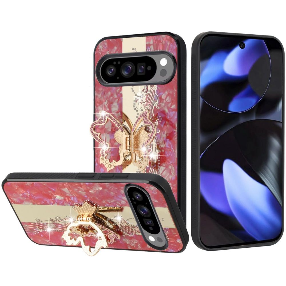 SPLENDID Diamond Glitter Ornaments Engraving Case Cover Google Pixel 10/10 Pro- Enchanted Butterfly Red