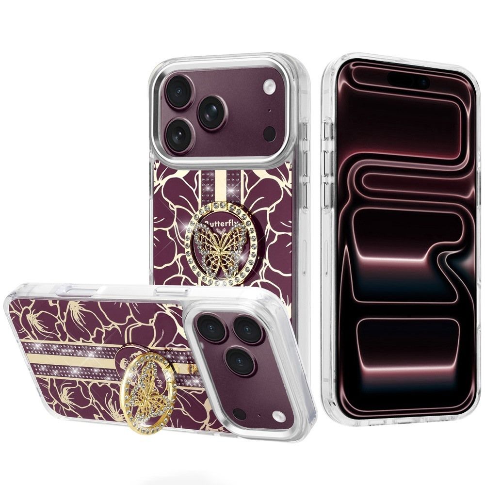 Splendid Floral Designs with Metal Camera and Buttons with Butterfly Ring Stand Hybrid Case  For Apple iPhone 18 Pro Max- Dark Cherry