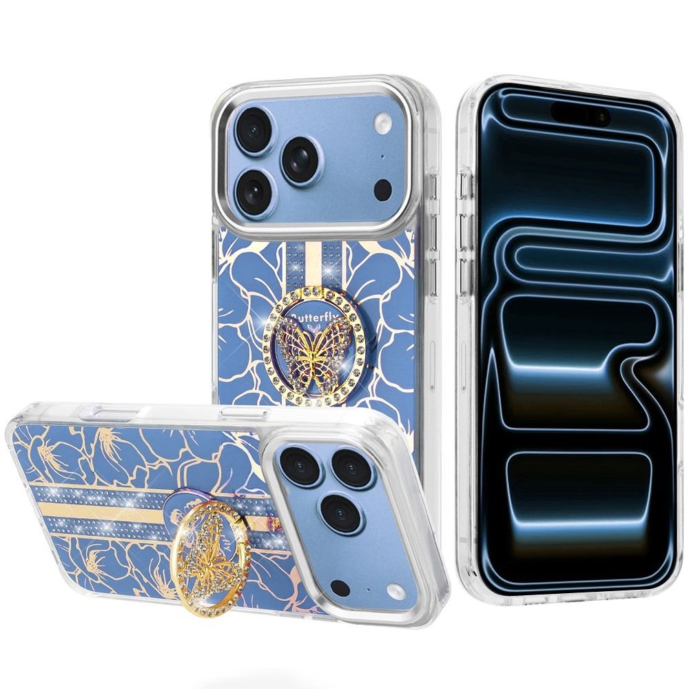 Splendid Floral Designs with Metal Camera and Buttons with Butterfly Ring Stand Hybrid Case  For Apple iPhone 18 Pro Max- Light Blue