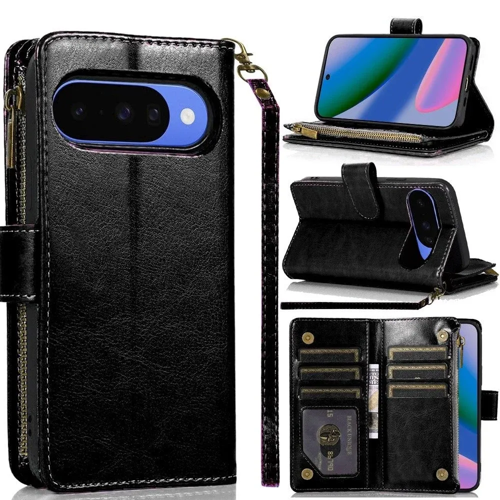 Jewel Wallet Design with Stitched PU Leather ID Card Money Holder Zipper Case Google Pixel 10/10 Pro - Black