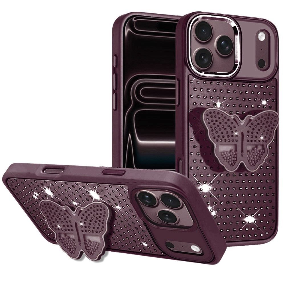 Butterfly Moveable Grip Stand With Small Diamonds Meta Buttons HQ Hybrid  Apple iPhone 18 Pro - Dark Cherry