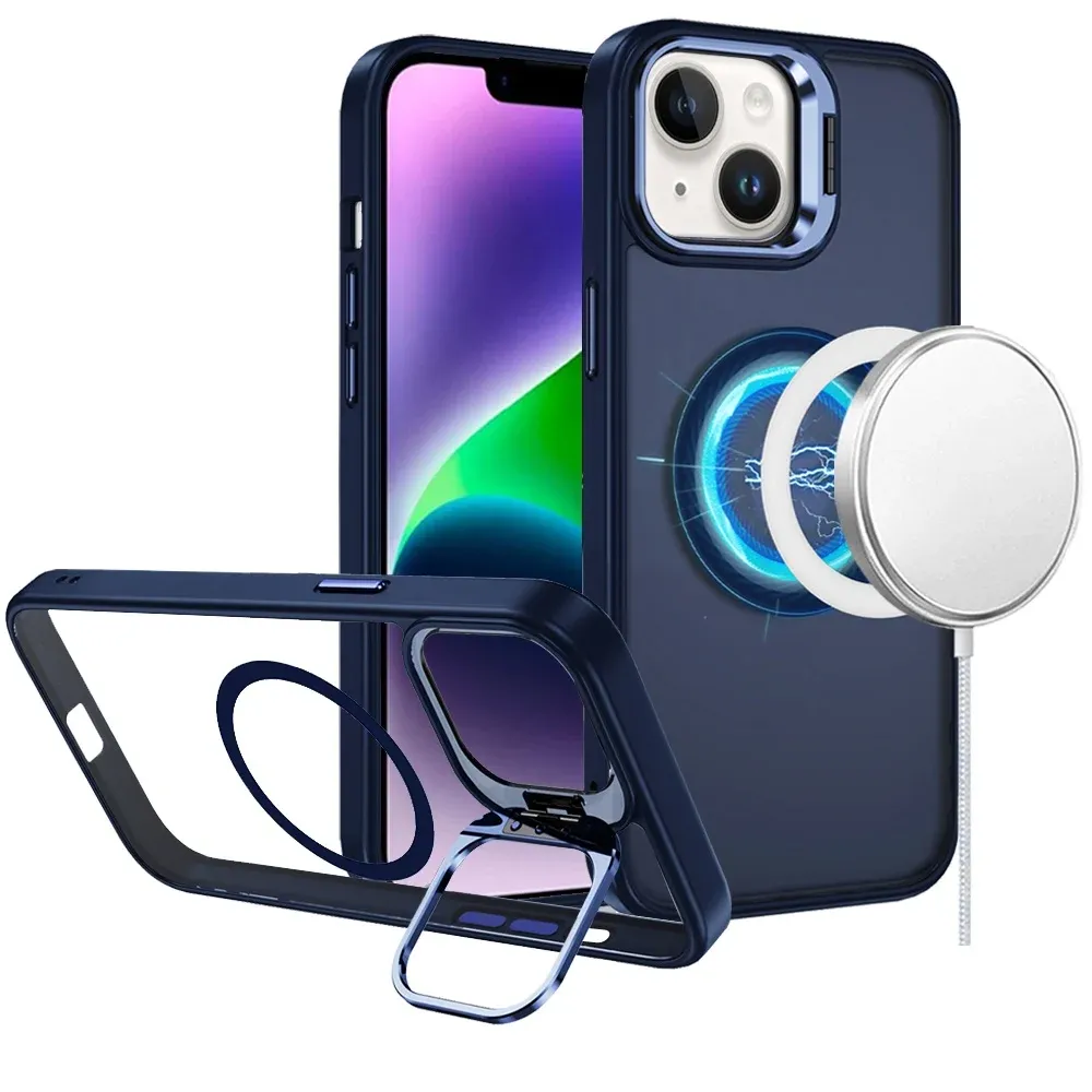 Fearless Tough HQ Metallic Hybrid with Camera Ring Stand [Magnetic Circle] Case  iPhone 14/13- Navy Blue