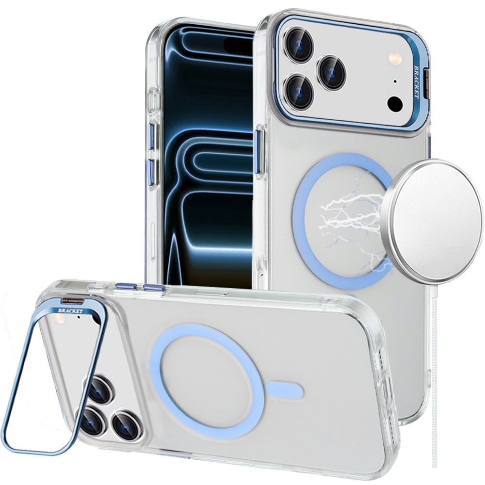 Transparent HQ Hybrid with Metallic Camera Stand Magnetic Ring Case For Apple iPhone 18 Pro Max  - Light Blue