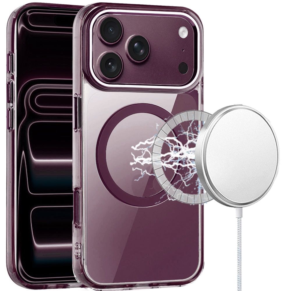 Magnetic Circle Ring Transparent Premium Acrylic with Metal Buttons &amp; Camera Raised Lip For Apple iPhone 18 Pro Max- Dark Cherry