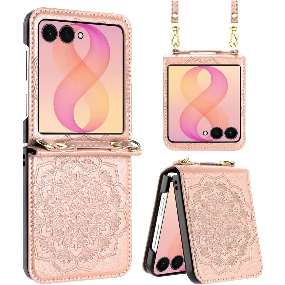 Embossed Floral Design Case Cover with Strap For Samsung Z Flip 8 - Rose Gold