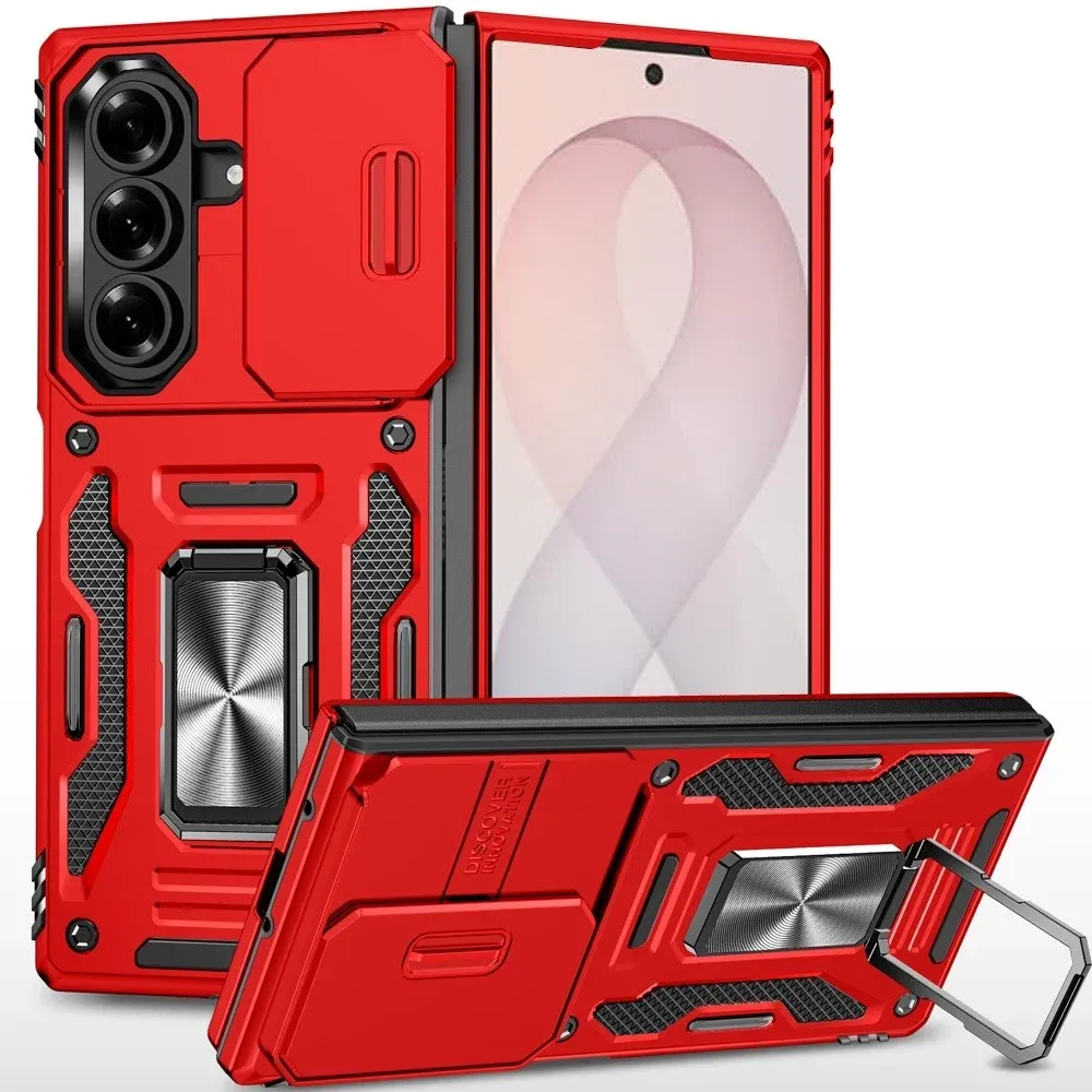 Utter Tough Metal Ring Movable Camera Window Hybrid Case Cover For Samsung Z Fold 8 Ultra - Red