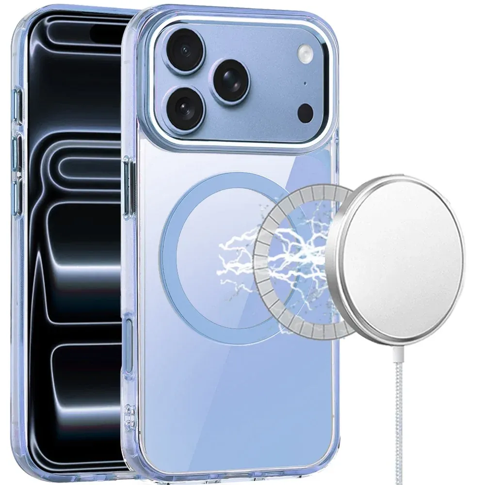Magnetic Circle Ring Transparent Premium Acrylic with Metal Buttons &amp; Camera Raised Lip For Apple iPhone 18 Pro Max - Light Blue