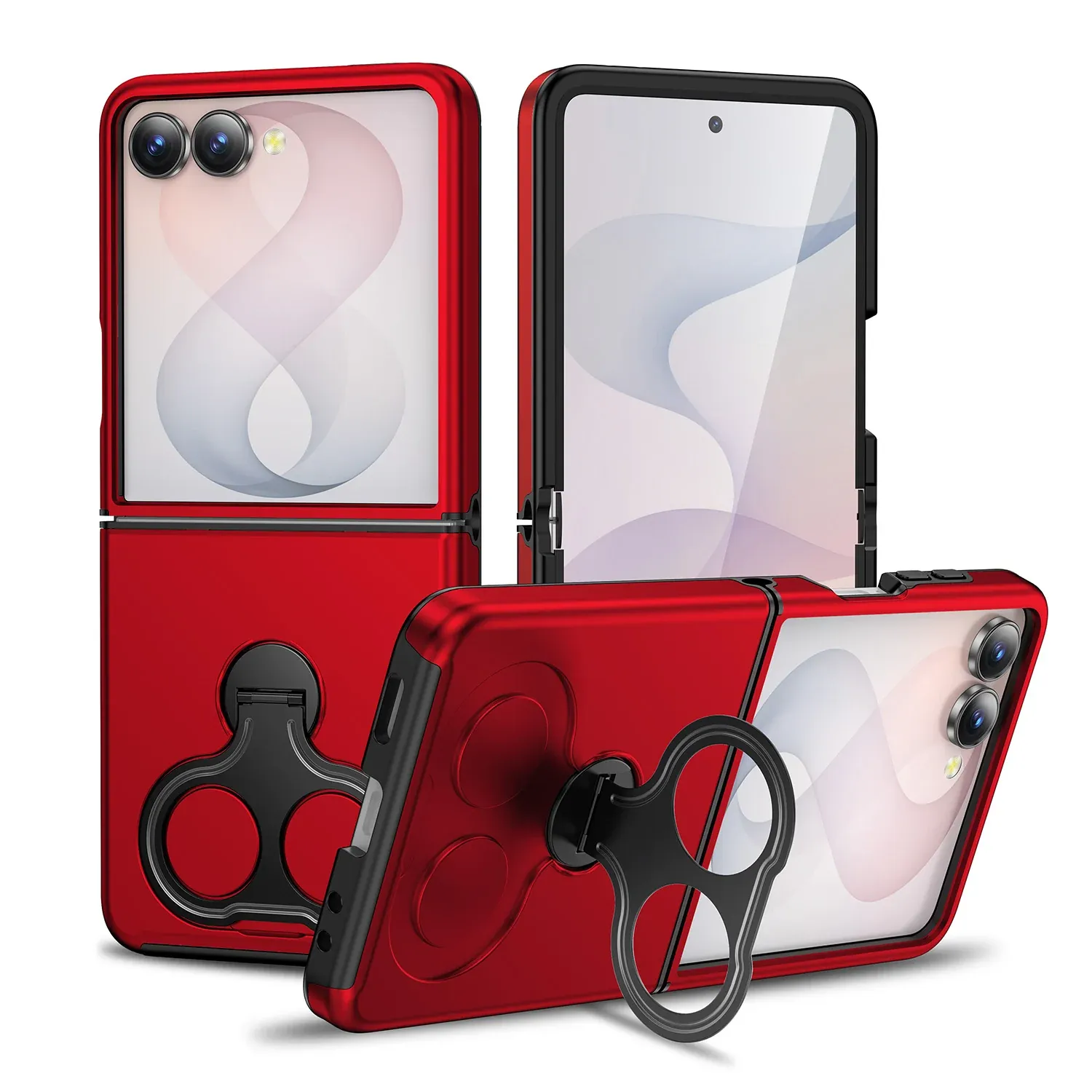 Car Mount with 2-Ring Stand Hybrid Case For Samsung Z Flip 8- Red