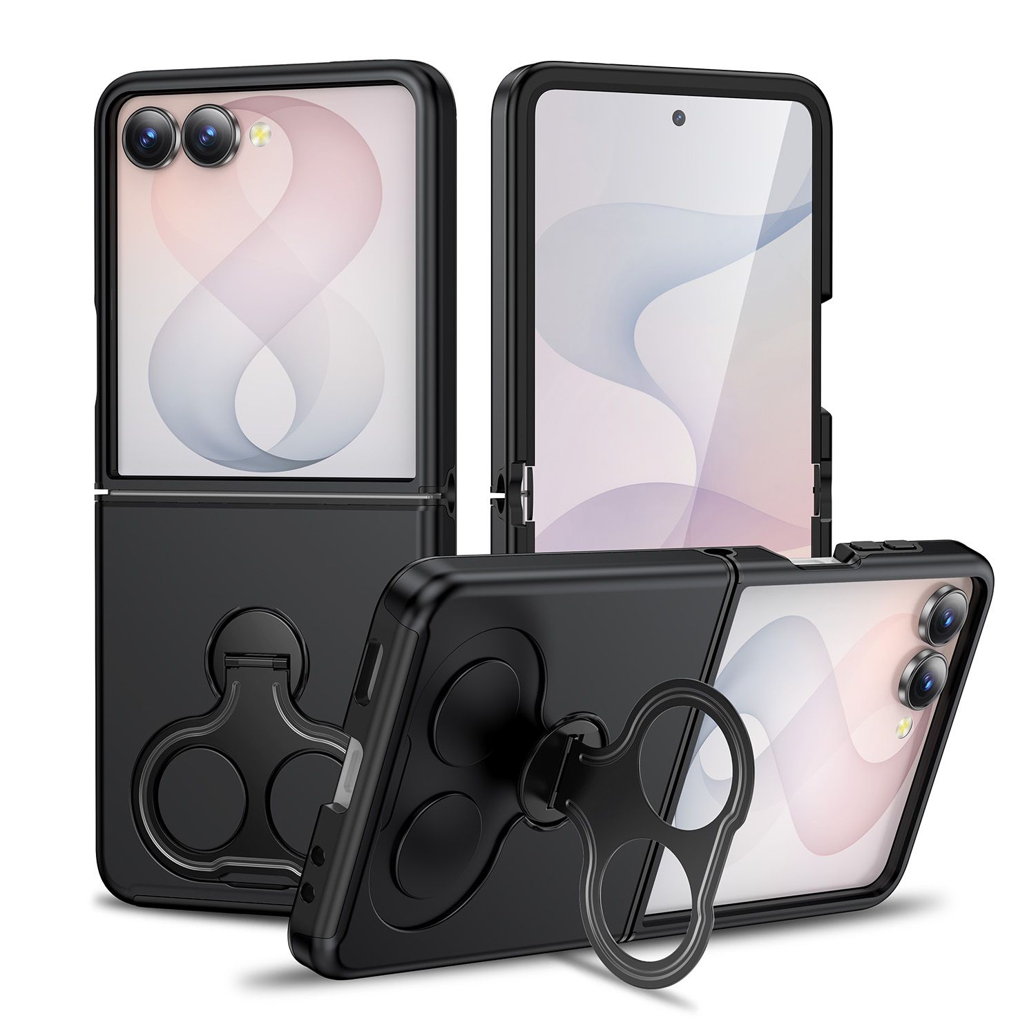 Car Mount with 2-Ring Stand Hybrid Case For Samsung Z Flip 8- Black