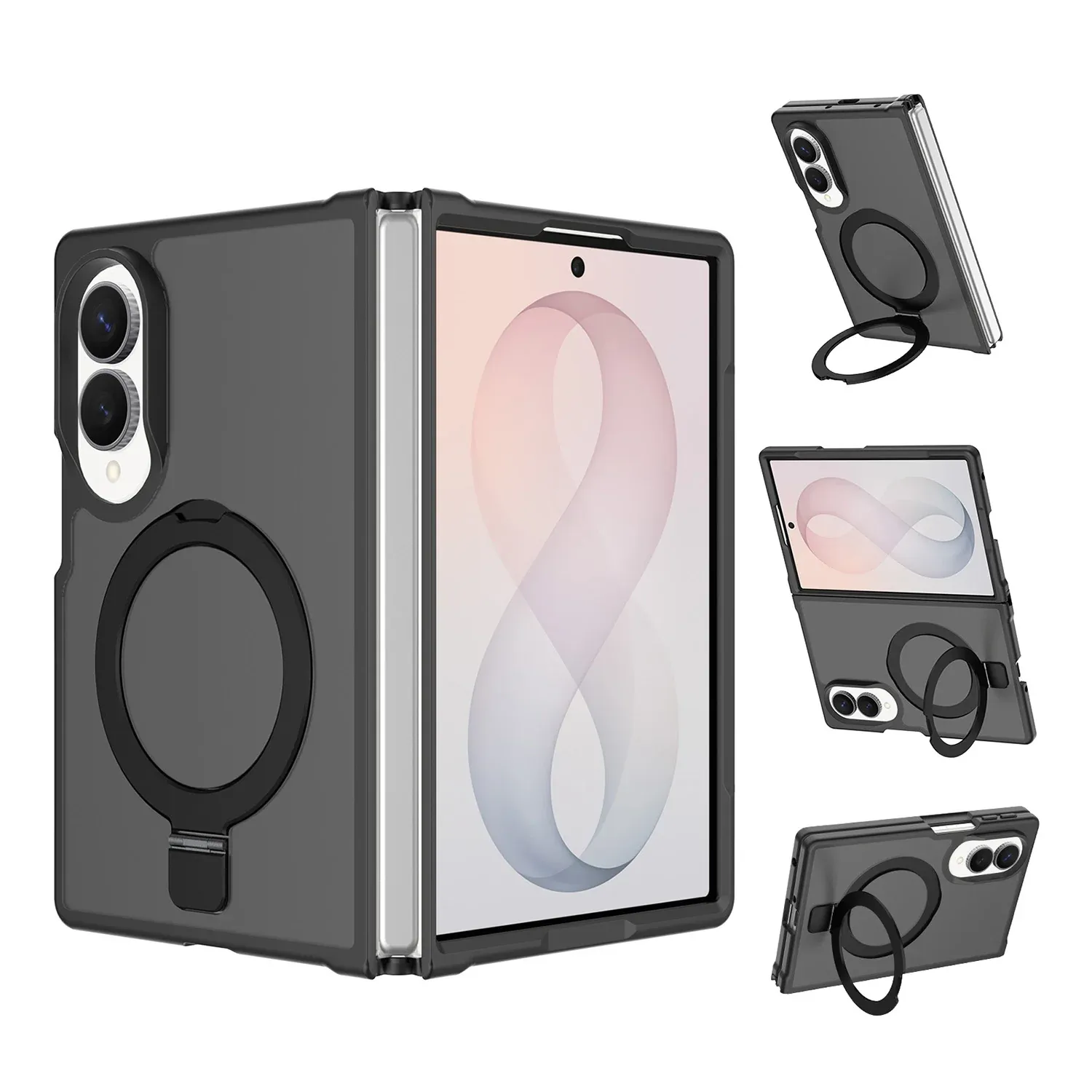 Magnetic Matching Ring Stand Full Rotation Matte Hybrid For Samsung Z Fold 8  - Black