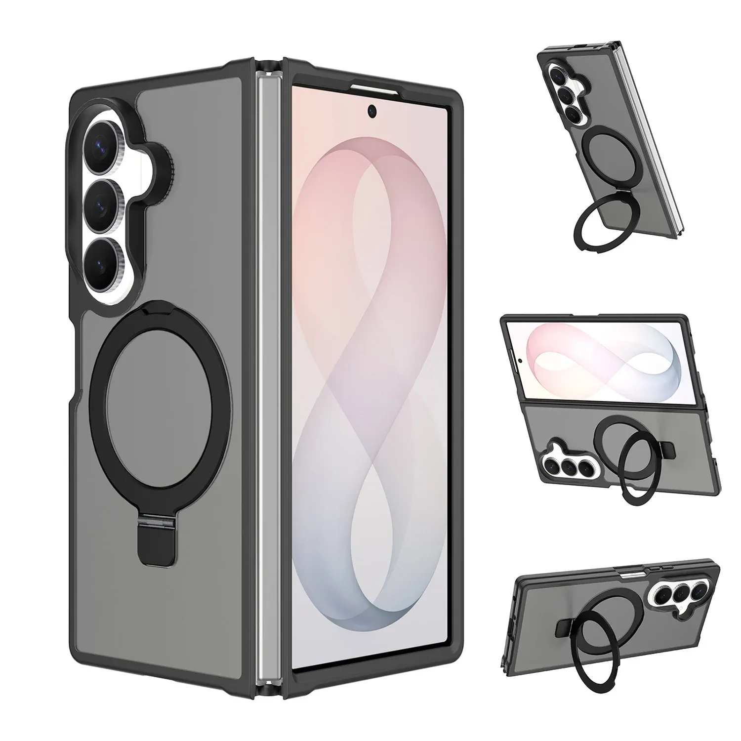 Magnetic Matching Ring Stand Full Rotation Matte Hybrid For Samsung Z Fold 8 Ultra - Black