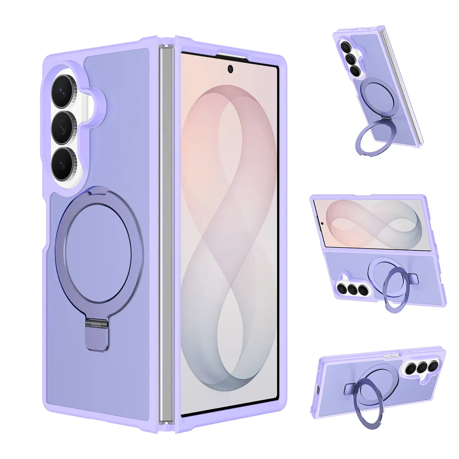 Magnetic Matching Ring Stand Full Rotation Matte Hybrid For Samsung Z Fold 8 Ultra - Light Purple