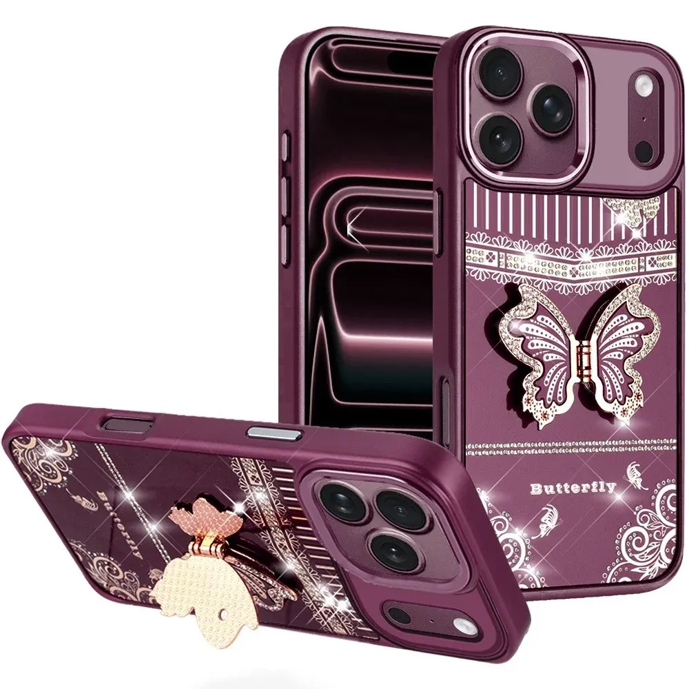 Splendid Glitter Butterfly Design Stand with Metallic Edges Hybrid Case For Apple iPhone 18 Pro Max - Dark Cherry
